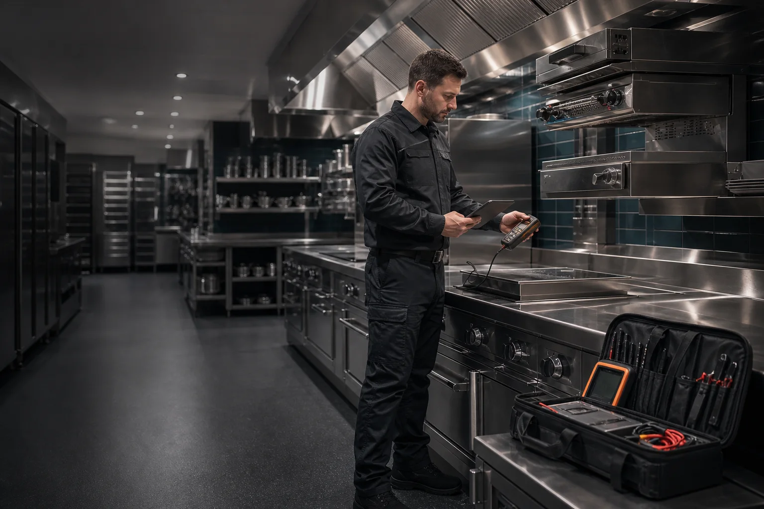 tecnico della cucina commerciale che ispeziona attrezzature professionali del ristorante