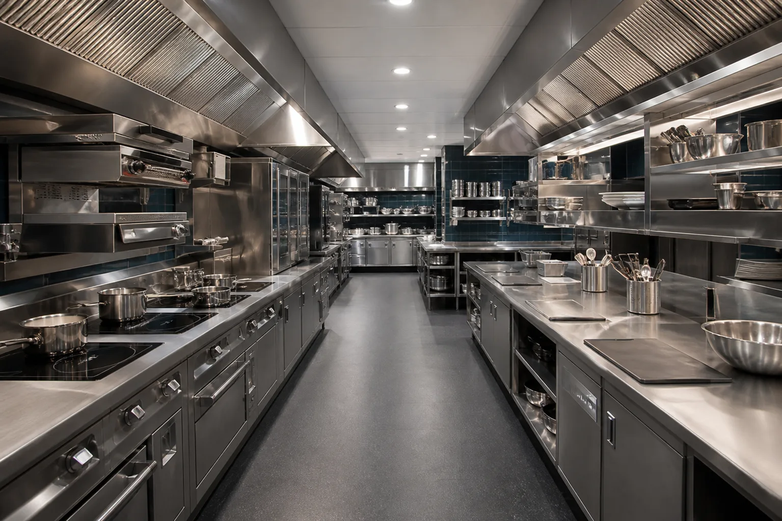 Luminosa cucina ristorante professionale con due linee di attrezzature in acciaio inox