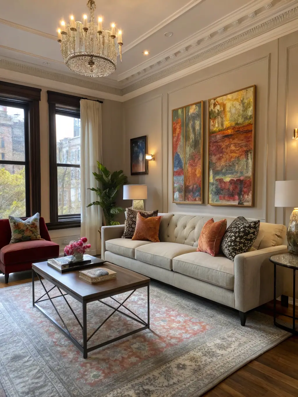 A beautifully renovated living room with modern furniture, lighting, and decor, showcasing the completed project and client satisfaction.