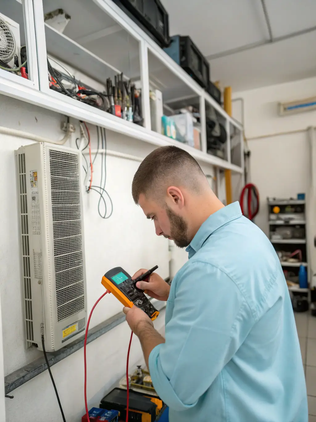 A technician inspecting an air conditioning unit in a commercial building, ensuring optimal performance and energy efficiency.