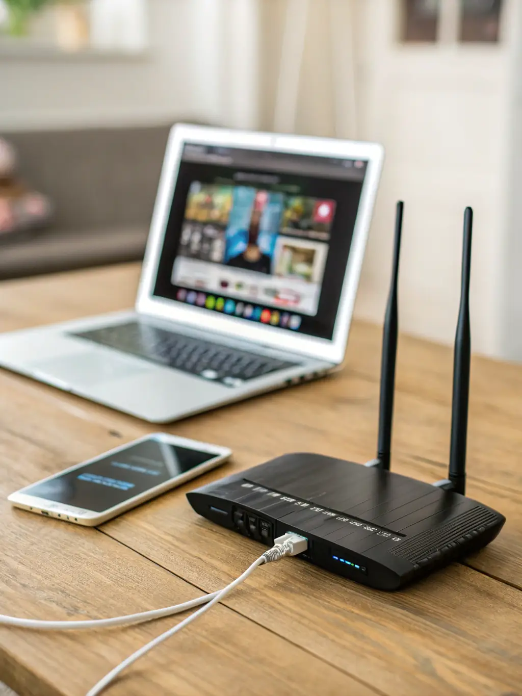 An image of a modern router with multiple devices connected seamlessly in a home environment, symbolizing high-speed internet connectivity.