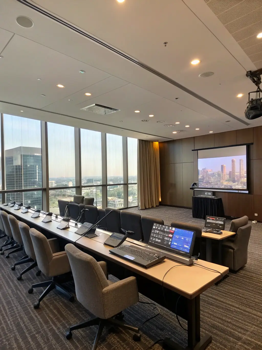 An image of a sleek audio system installed in a modern conference room, enhancing communication and ambiance.