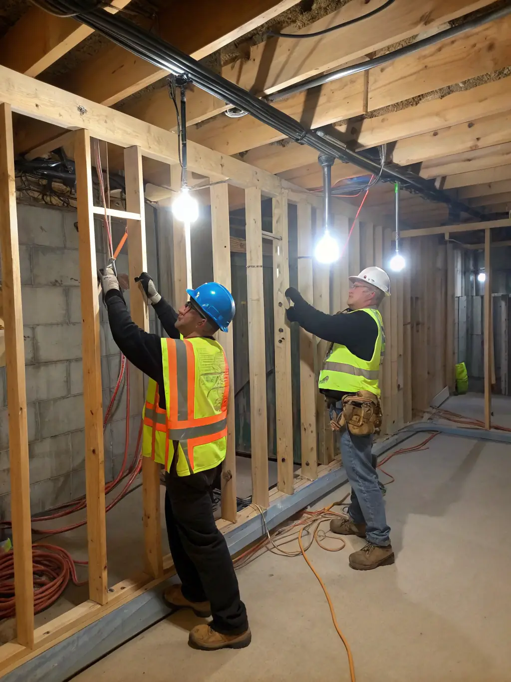 A construction crew working on the interior of a home, installing new electrical wiring and plumbing during the renovation process.