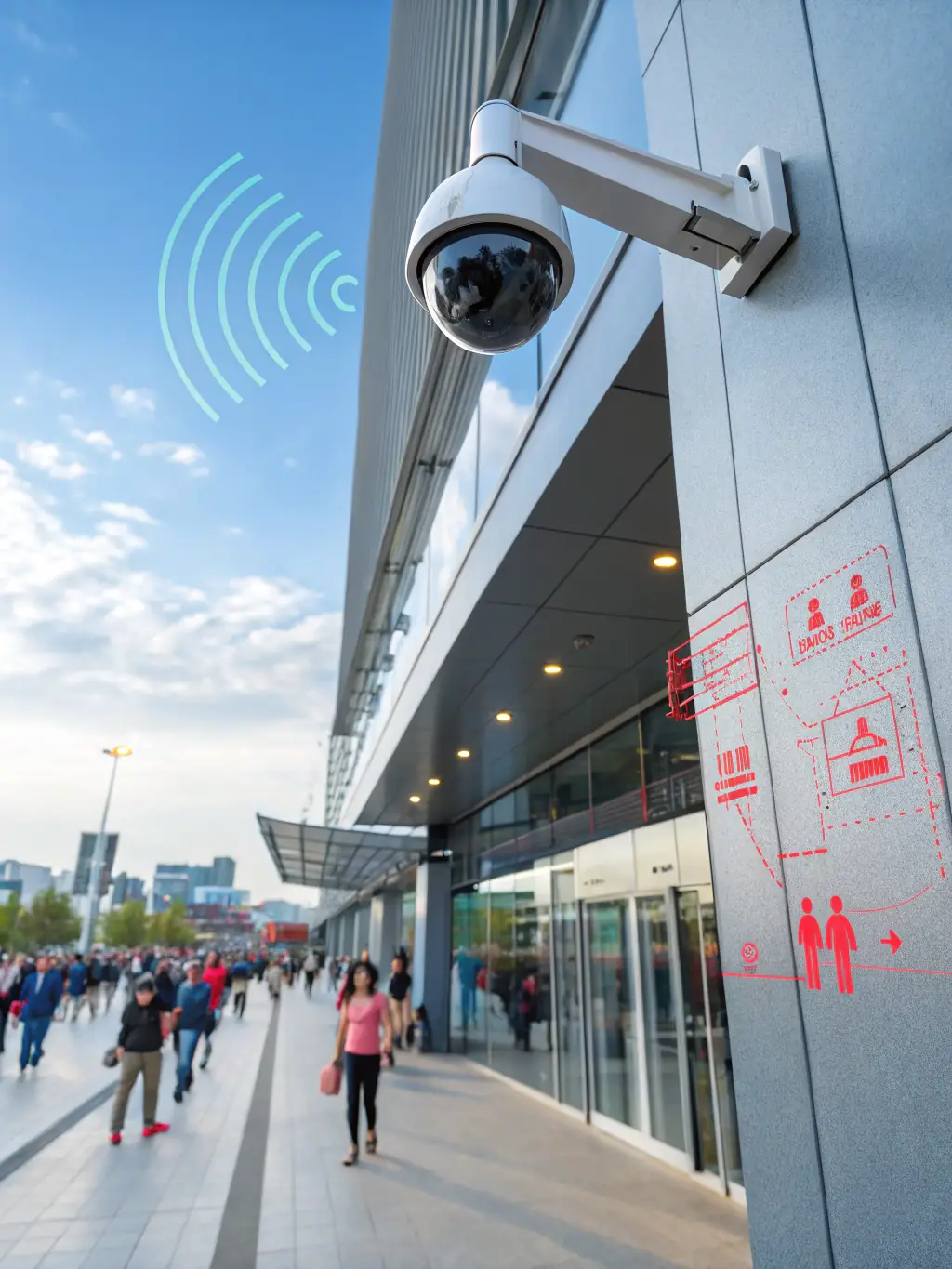 An image of a modern security camera system monitoring the exterior of a commercial building, ensuring safety and security.