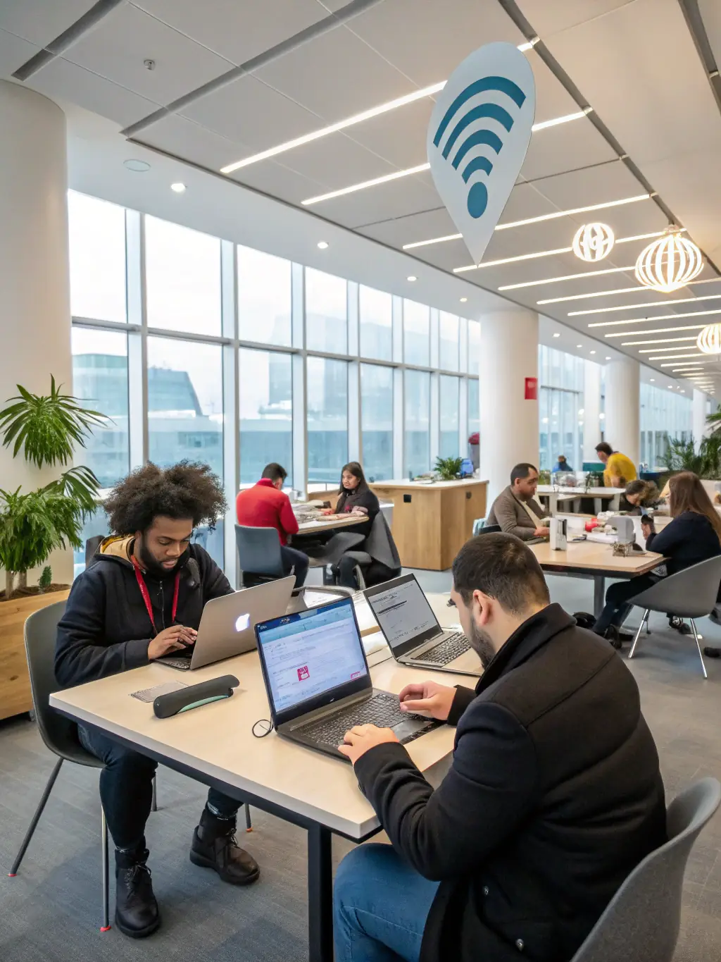 An image showing a Wi-Fi access point installed in a modern office setting with multiple laptops and smartphones connected, illustrating professional Wi-Fi.