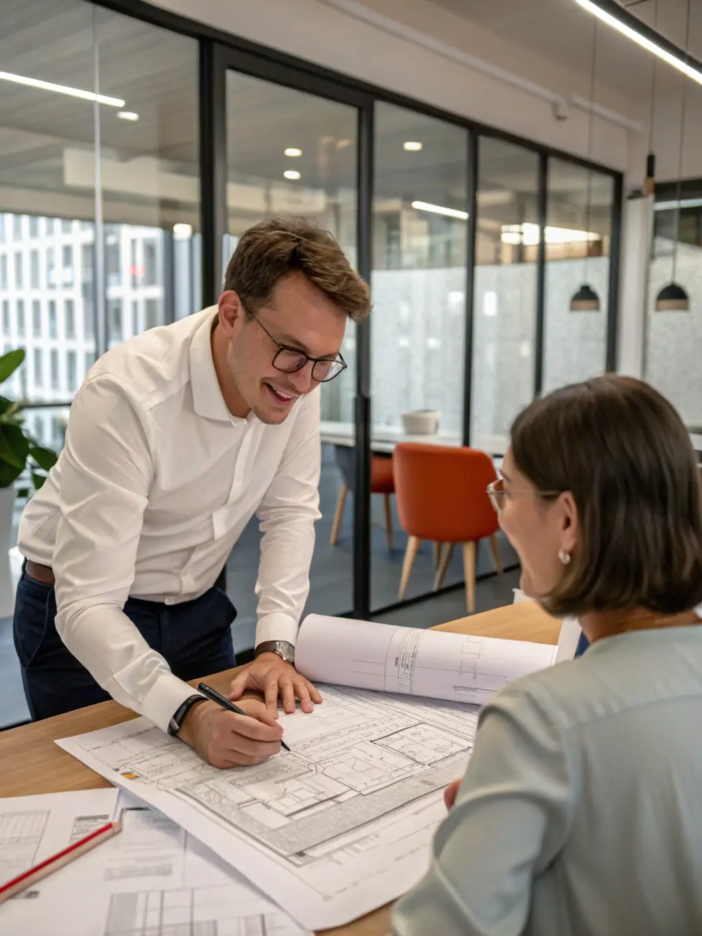 A photo depicting an initial consultation between a Nnexum renovation specialist and a client in a modern office setting, reviewing blueprints and discussing project goals.