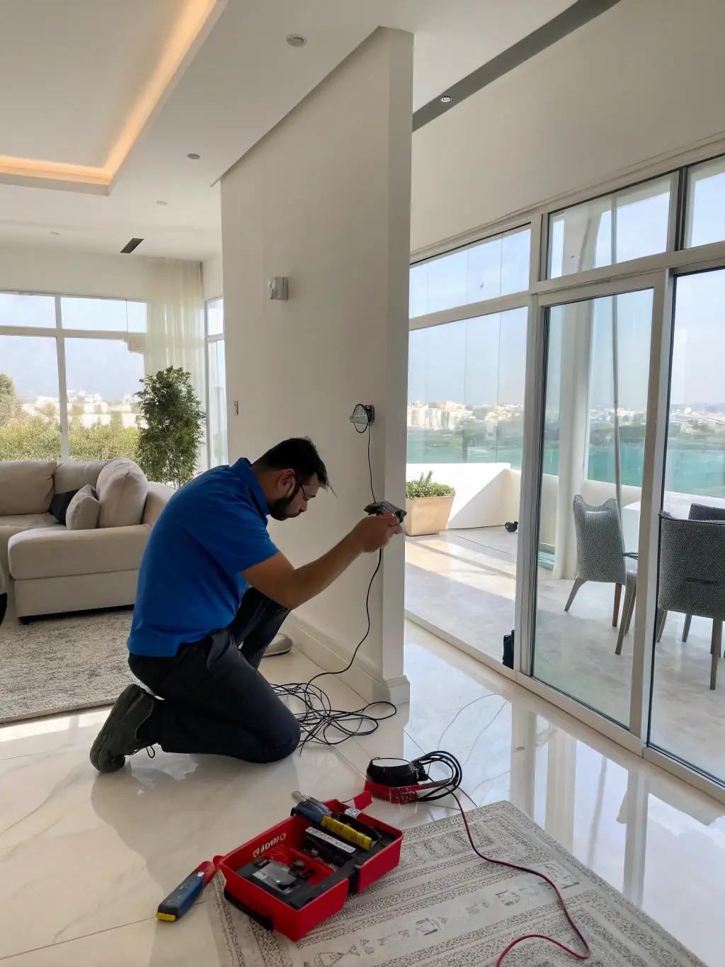 An electrician performing safety checks on electrical wiring in a residential property, ensuring compliance with safety standards.
