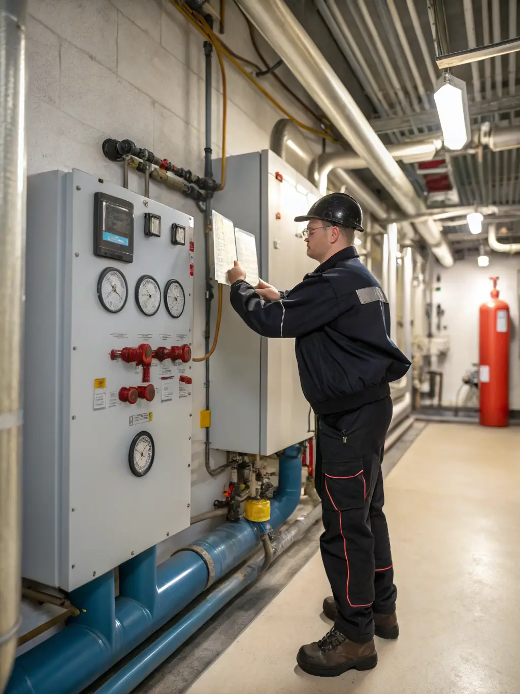 A technician using diagnostic tools to assess the performance of a building's infrastructure systems, ensuring optimal operation and longevity.