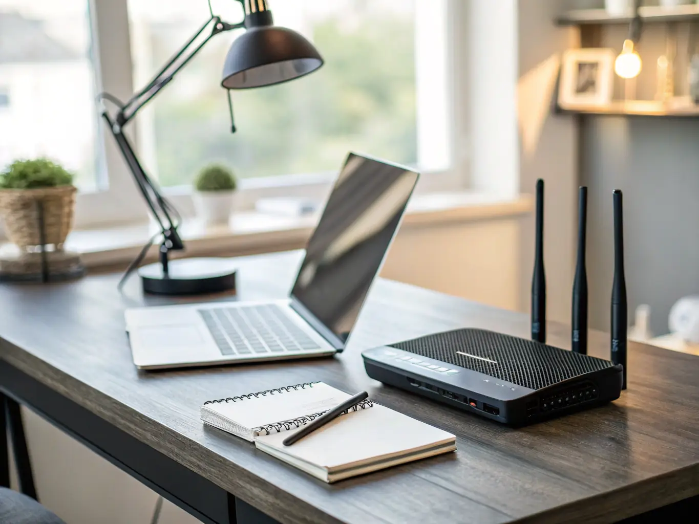 A modern office space with multiple devices connected to a high-speed Wi-Fi network, showcasing seamless connectivity and productivity.