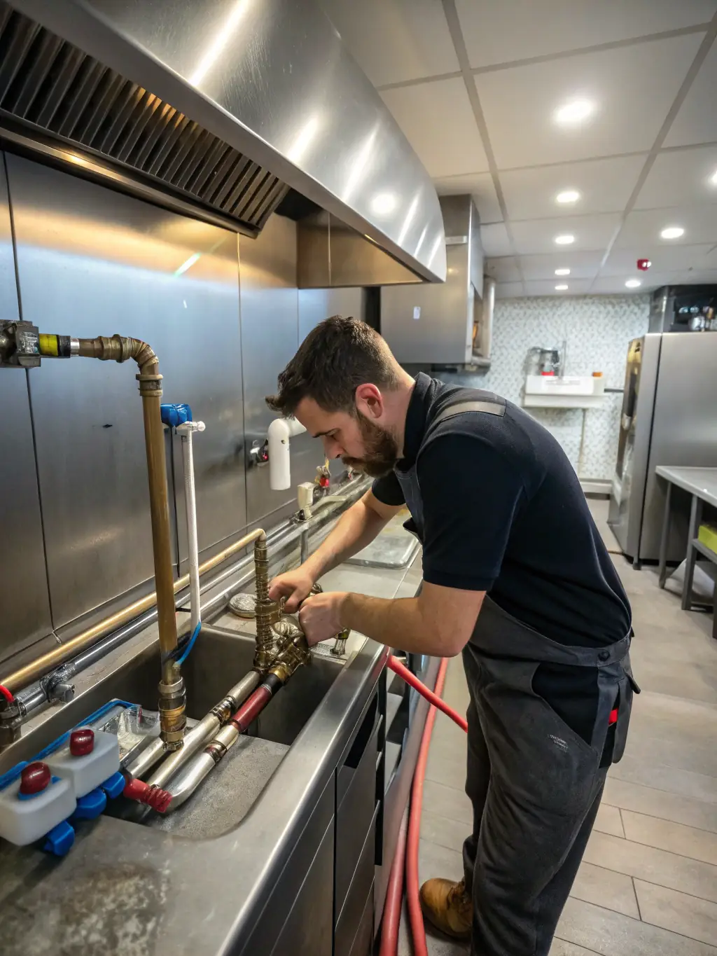A plumber repairing a leaky pipe in a commercial kitchen, preventing water damage and ensuring proper plumbing function.